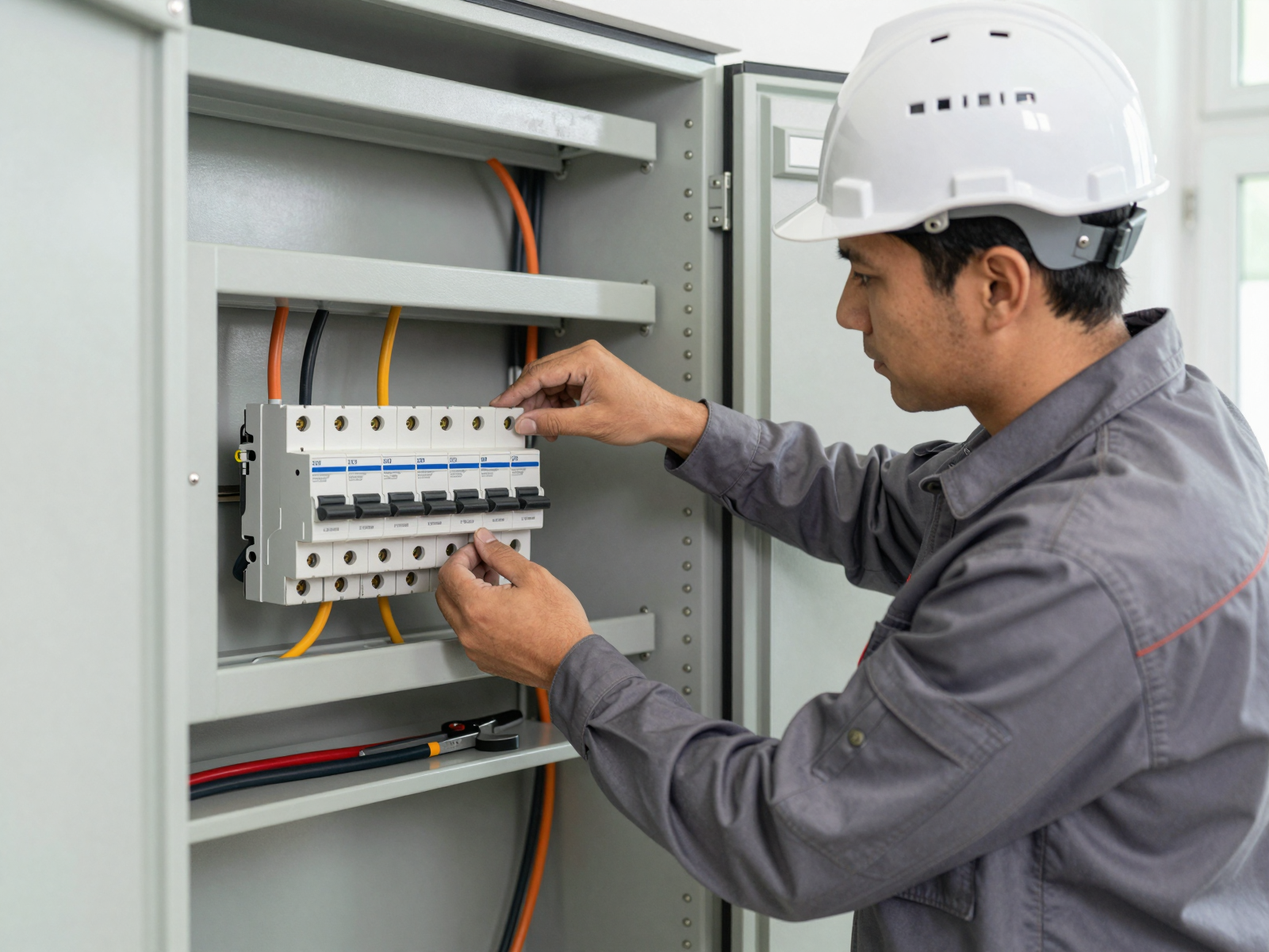 Professional electrician installing circuit breaker
